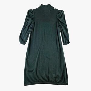 Max Studio Sweater Dress Womens Medium Ribbed Knit Dark Green Ruched Puff Sleeve